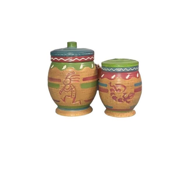 Southwestern Pottery Jars Small Canisters Kokopelli Lizards Set of 2 - Picture 1 of 7